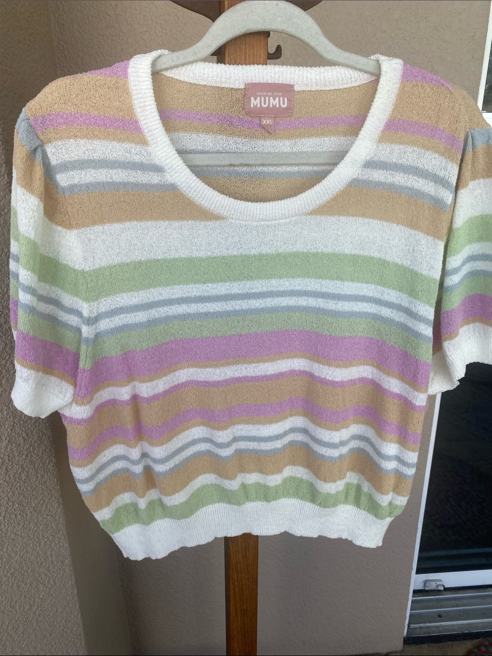 Mumu Pastel Striped Short Sleeve Sweater - White/Pastel